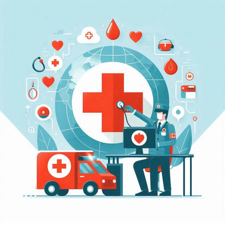 Medical doctor and ambulance. Vector illustration in flat design style. Medical concept.のイラスト素材