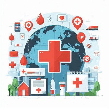 Medical and healthcare concept. Vector illustration in flat style with world map, medical icons and symbolsのイラスト素材