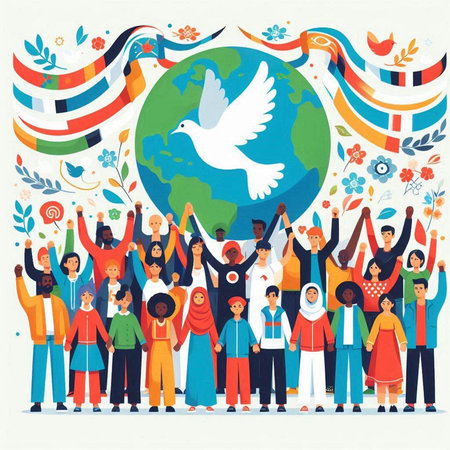 Happy international day of peace concept. Group of diverse people with international flags around the world. Vector illustrationのイラスト素材