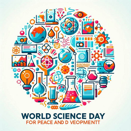 World science day banner with flat icons and symbols. Vector illustration.のイラスト素材