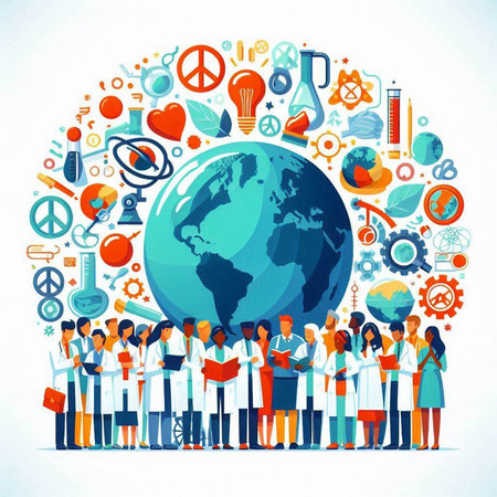 Group of doctors and scientists standing around the globe. Vector illustration.のイラスト素材