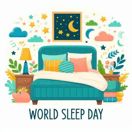World Sleep Day poster with bed and pillows in cartoon style. Vector illustration.のイラスト素材