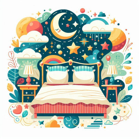 Vector illustration of bed in cartoon style with stars, moon, clouds and other elements.のイラスト素材