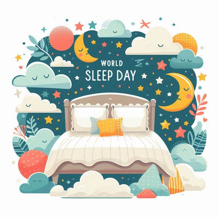World Sleep Day. Vector illustration of bed with pillow and blanket.のイラスト素材