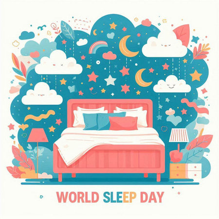 World Sleep Day. Bedroom with bed and pillows. Cute cartoon vector illustration.のイラスト素材
