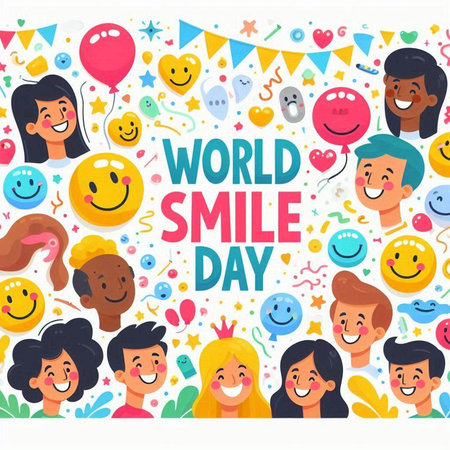 World Smile Day Vector Illustration. Cheerful Smiling People with Happy Emoticonsのイラスト素材