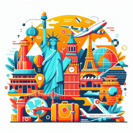 Traveling around the world concept with famous landmarks and attractions. Vector illustrationのイラスト素材