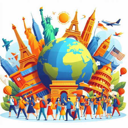Travel around the world. Tourists and tourists around the world. Vector illustrationのイラスト素材