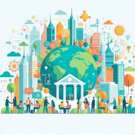 Global business concept. Vector illustration of people working in the city.のイラスト素材
