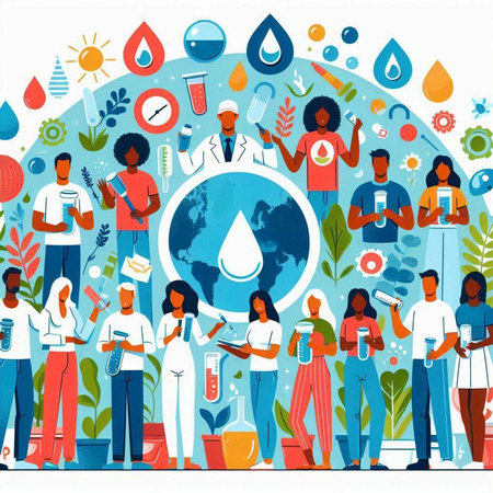 Flat vector illustration of World Water Day. Group of people working with water.のイラスト素材