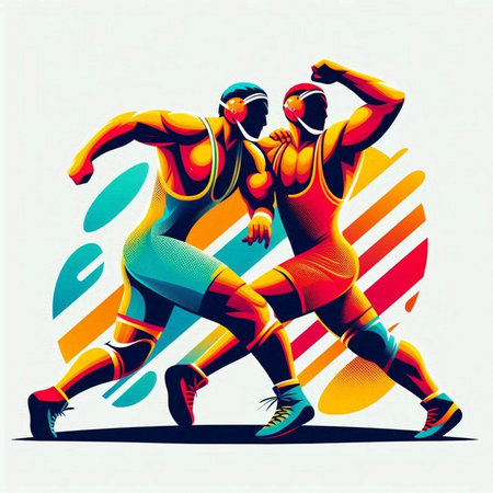 Two athletic men running in the style of the 80s, vector illustrationのイラスト素材