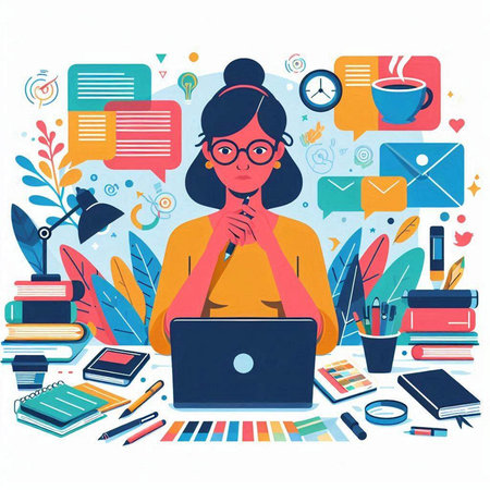 Woman working at home. Freelance, remote work concept. Vector illustrationのイラスト素材
