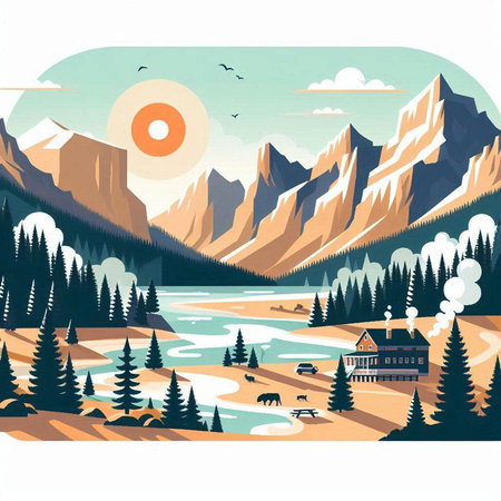 Mountain landscape with lake and forest. Vector illustration in flat styleのイラスト素材