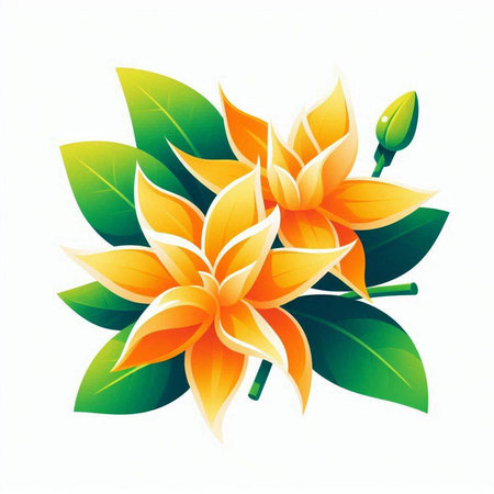 Illustration of a beautiful orange flower with green leaves on a white backgroundのイラスト素材
