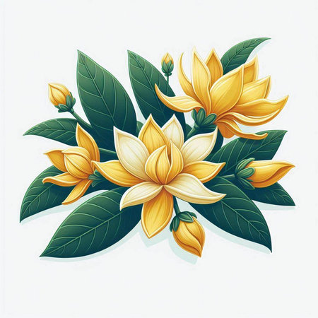 Bouquet of yellow flowers with green leaves. Vector illustration.のイラスト素材