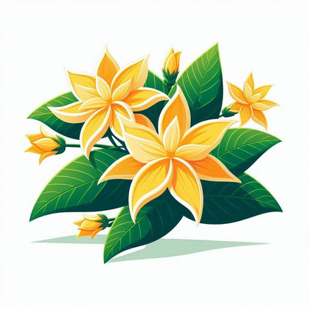 Vector illustration of yellow flowers with green leaves on a white background.のイラスト素材