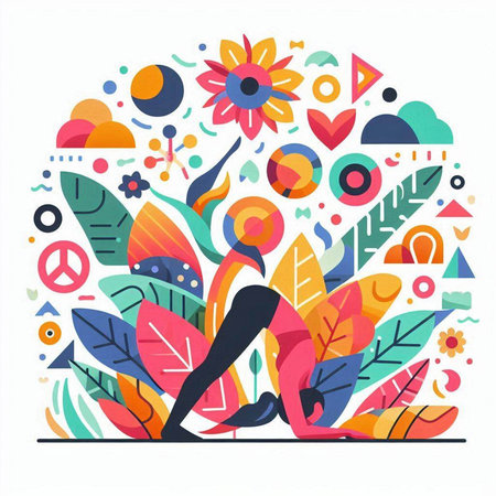 Vector illustration of a woman doing yoga in a circle of leaves and flowersのイラスト素材