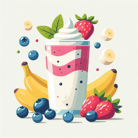 Smoothie with strawberries, blueberries and bananas. Vector illustration.のイラスト素材