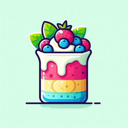 Fruit yogurt in a glass with berries. Vector illustration in cartoon style.のイラスト素材