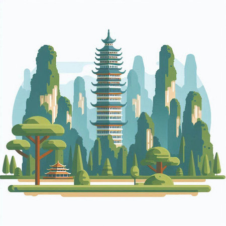 Chinese pagoda in the forest. Vector illustration in flat style.のイラスト素材