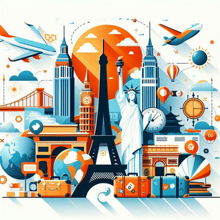 Travel and tourism background with famous landmarks of the world. Vector illustrationのイラスト素材