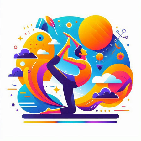 Vector illustration of a man on the background of colorful geometric shapes.のイラスト素材