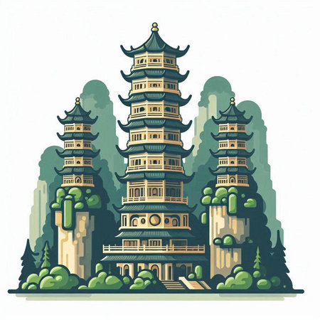 Chinese ancient pagoda in the middle of the forest. Vector illustrationのイラスト素材