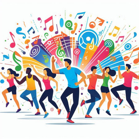 Vector illustration of a group of people dancing and listening to music.のイラスト素材