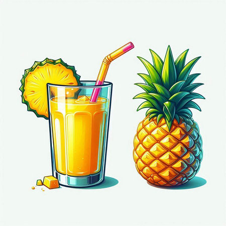 Pineapple juice in a glass with a straw. Vector illustration.のイラスト素材