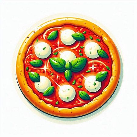 Illustration of pizza with mozzarella and basil on white backgroundのイラスト素材