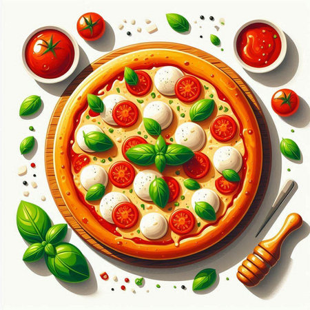 Pizza with mozzarella, tomato and basil. Vector illustration.のイラスト素材