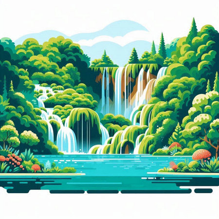 Waterfall in the forest. Landscape with a waterfall. Vector illustration.のイラスト素材