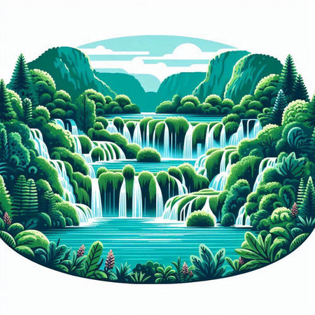 Waterfalls in the forest. Landscape with waterfall. Vector illustration.のイラスト素材