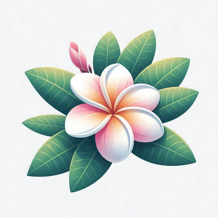 Frangipani flowers and leaves on white background. Vector illustration.のイラスト素材