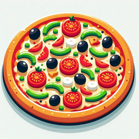 Pizza with mozzarella, tomato, pepper and olives. Vector illustrationのイラスト素材