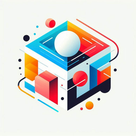 Abstract colorful geometric background with cube, square, rectangle and circle elements. Vector illustration.のイラスト素材