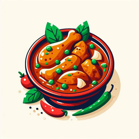 Illustration of a bowl of chicken drumsticks with chili peppers and herbsのイラスト素材