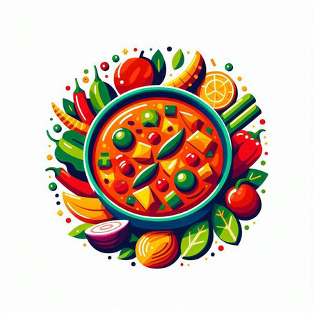 Vector illustration of a plate with tomato sauce and vegetables on a white backgroundのイラスト素材