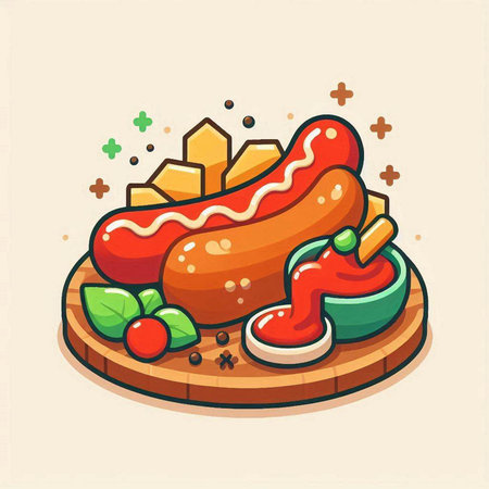 Hot dog with mustard and ketchup on wooden board. Vector illustration.のイラスト素材