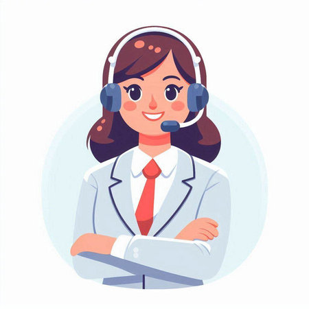 Call center operator. Young woman in headset. Vector illustration in cartoon style.のイラスト素材