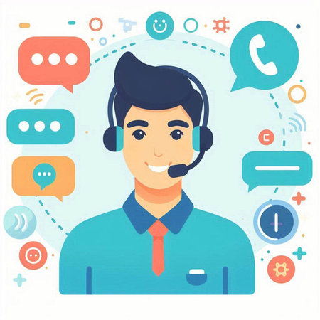 Call center operator with headset and mobile phone. Vector illustration in flat styleのイラスト素材