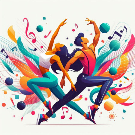 Vector illustration of two young people dancing on colorful musical notes background.のイラスト素材
