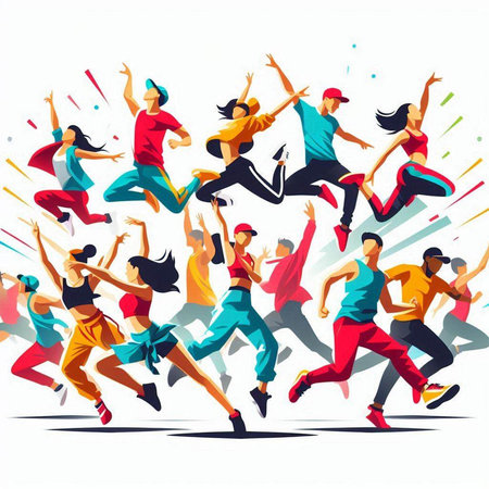 Running people. Group of active young men and women. Vector illustration.のイラスト素材