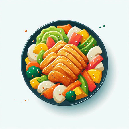 Fried chicken with vegetables in bowl. Hand drawn vector illustration.のイラスト素材