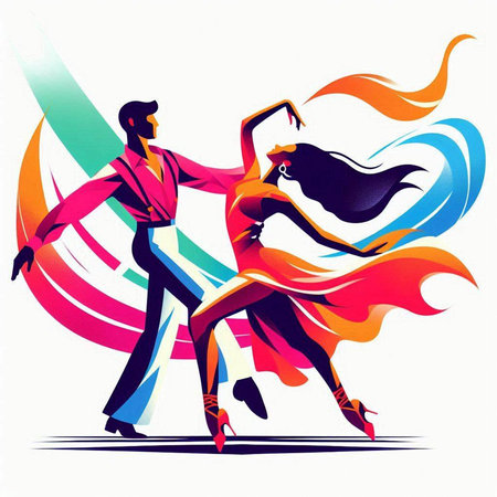 Couple of dancers dancing tango over abstract background. Colorful vector illustration.のイラスト素材