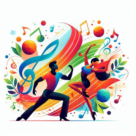 Couple of dancers dancing on colorful music background. Vector illustration.のイラスト素材