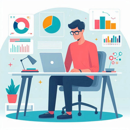 Businessman working on laptop in office. Vector illustration in flat styleのイラスト素材