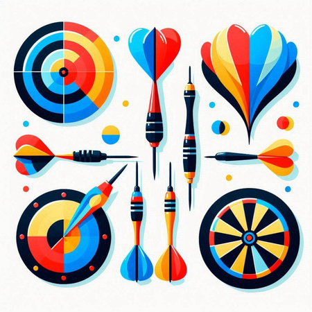 Darts set. Darts, darts, target, dartboard, arrow, target, dartboard, vector illustrationのイラスト素材