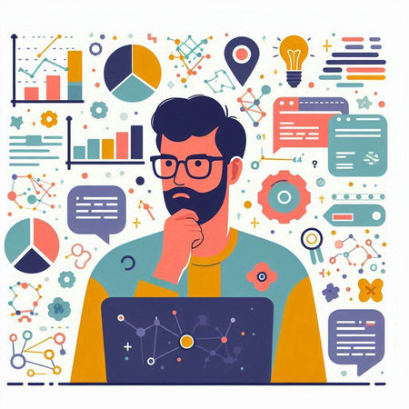 Vector illustration of a man with a beard and glasses works on a laptop in the office.のイラスト素材