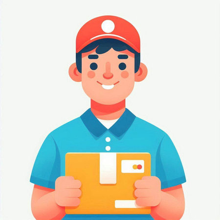 Delivery man in uniform holding box. Vector illustration in cartoon style.のイラスト素材